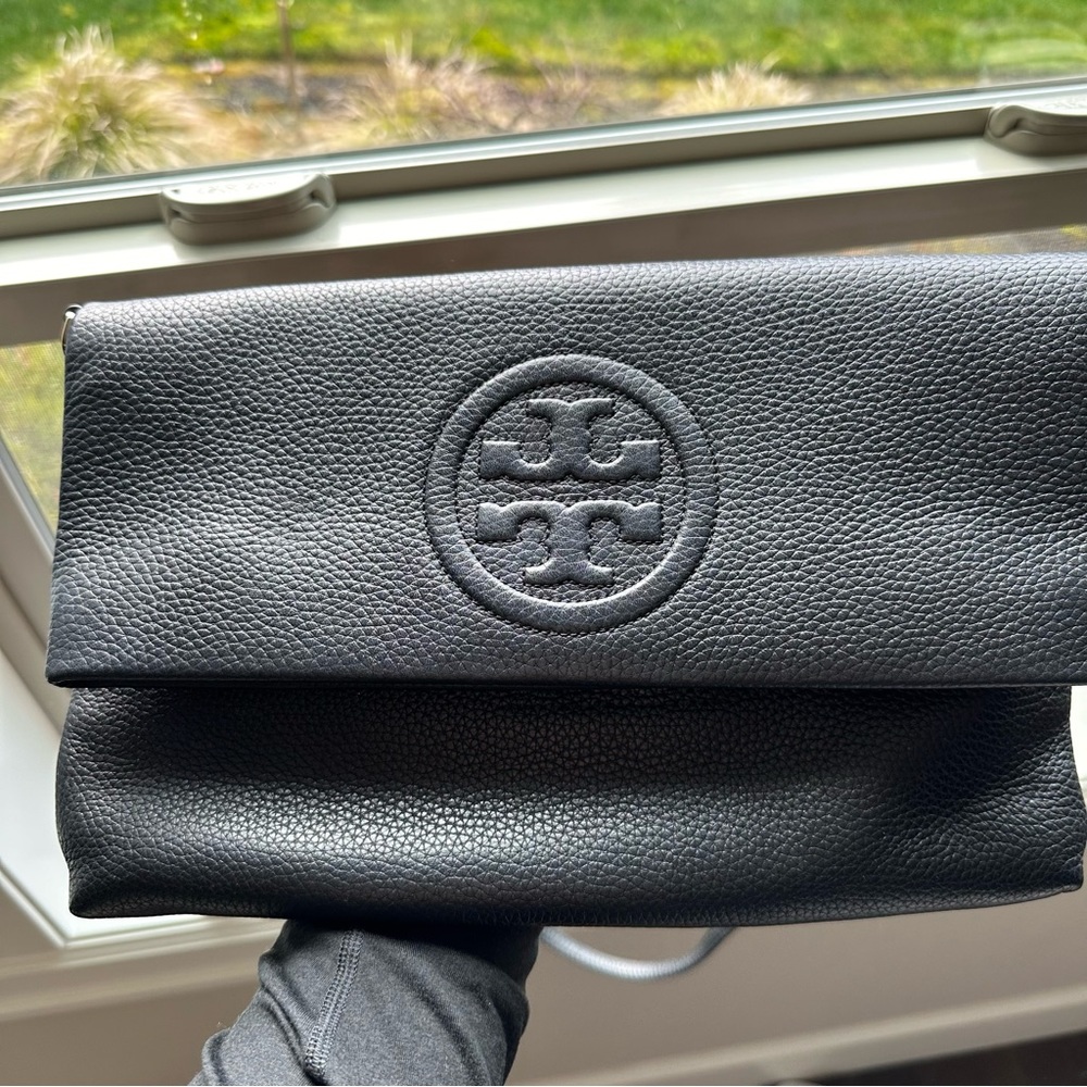 Tory Burch, Bombe Foldover Clutch/Purse, Black Leather